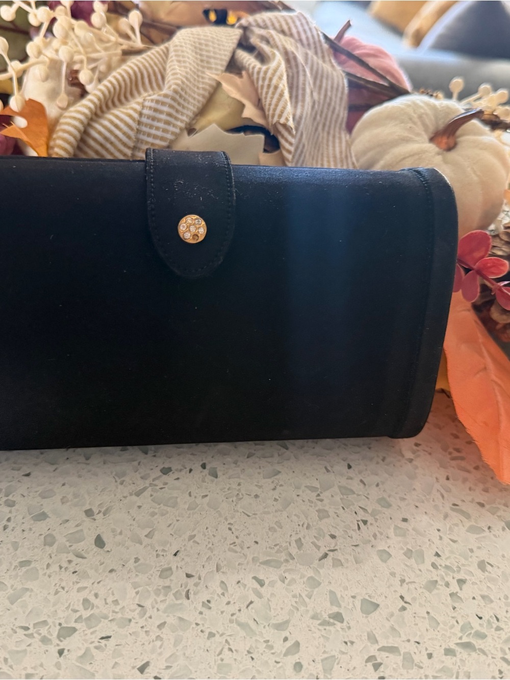 Vintage sleek Black Suede Clutch with Decorative Button